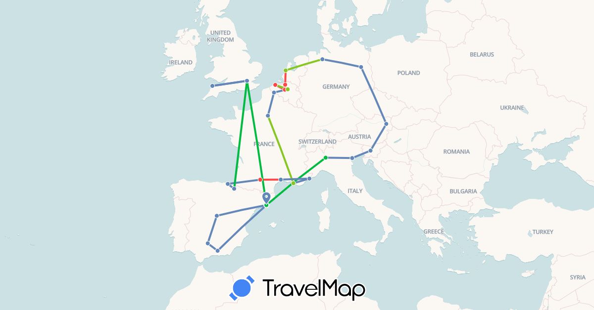 TravelMap itinerary: driving, bus, cycling, hiking, electric vehicle in Austria, Belgium, Germany, Spain, France, United Kingdom, Italy, Netherlands, Slovenia (Europe)